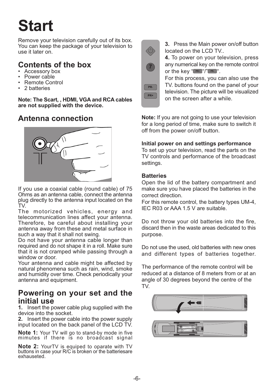 Start, Contents of the box, Antenna connection | Powering on your set and the initial use | Grundig AMIRA32HDBLK User Manual | Page 6 / 22