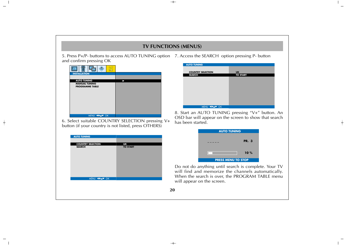 Tv functions (menus) | Grundig GULCD32HDT User Manual | Page 20 / 35