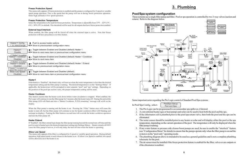 Plumbing, Pool/spa system configuration, Pool | Pool/spa setup pool and spa, Allow low speed disabled | Goldline LOGIC PL-P-4 User Manual | Page 11 / 36
