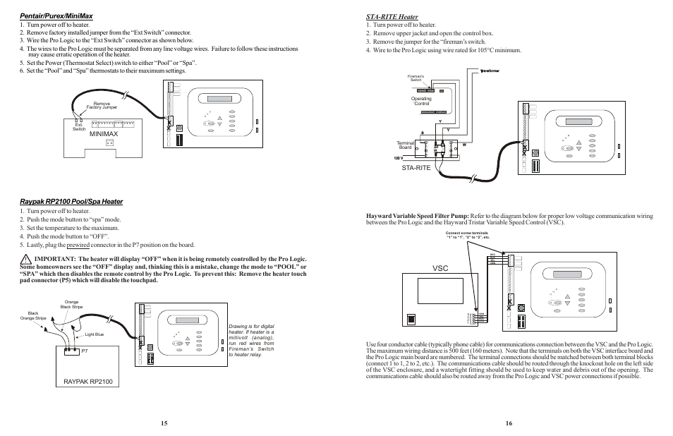 Pentair/purex/minimax, Raypak rp2100 pool/spa heater, Sta-rite heater | Raypak rp2100, Sta-rite | Goldline LOGIC PL-P-4 User Manual | Page 18 / 36