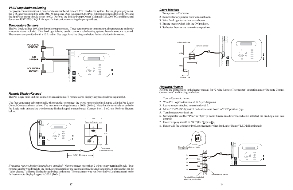 Laars heaters, Hayward heaters, Vsc pump address setting | Temperature sensors, Remote display/keypad, 500 ft max | Goldline LOGIC PL-P-4 User Manual | Page 20 / 36