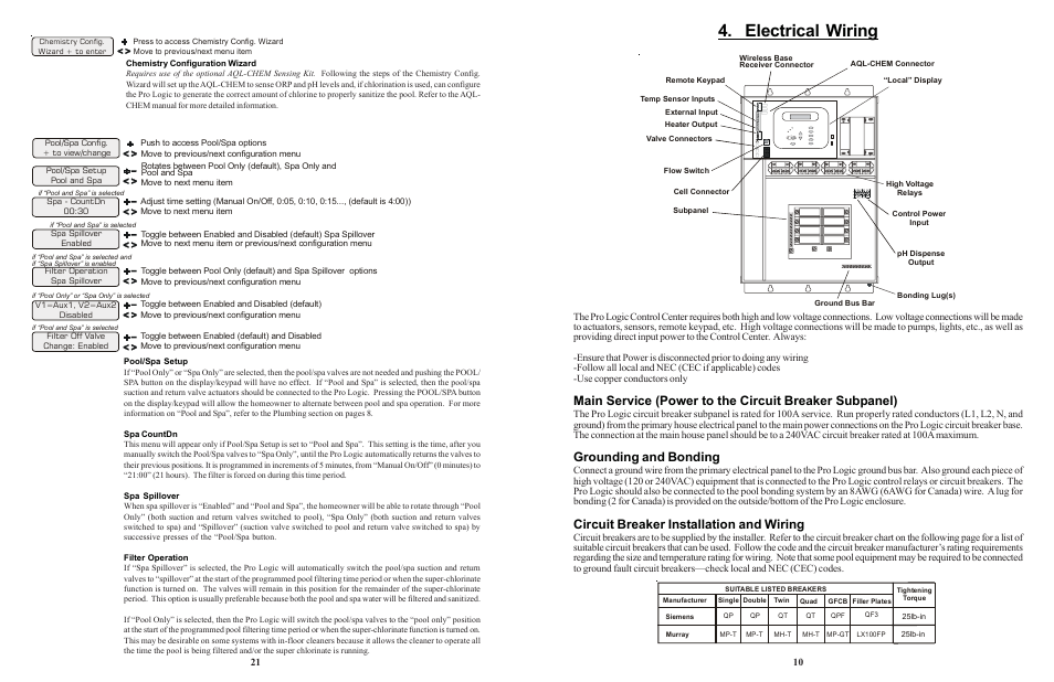 Electrical wiring, Grounding and bonding, Circuit breaker installation and wiring | Goldline LOGIC PL-P-4 User Manual | Page 24 / 36