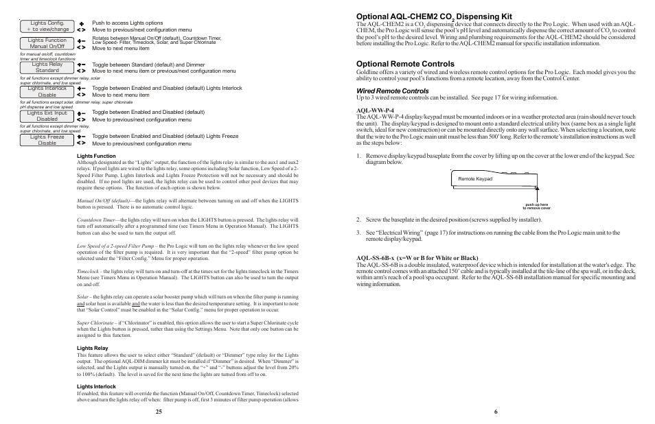 Optional aql-chem2 co, Dispensing kit, Optional remote controls | Wired remote controls | Goldline LOGIC PL-P-4 User Manual | Page 28 / 36