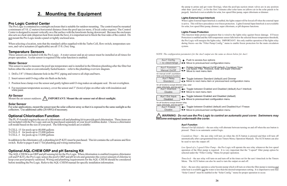 Mounting the equipment, Pro logic control center, Temperature sensors | Optional chlorination function, Optional aql-chem orp and ph sensing kit | Goldline LOGIC PL-P-4 User Manual | Page 29 / 36