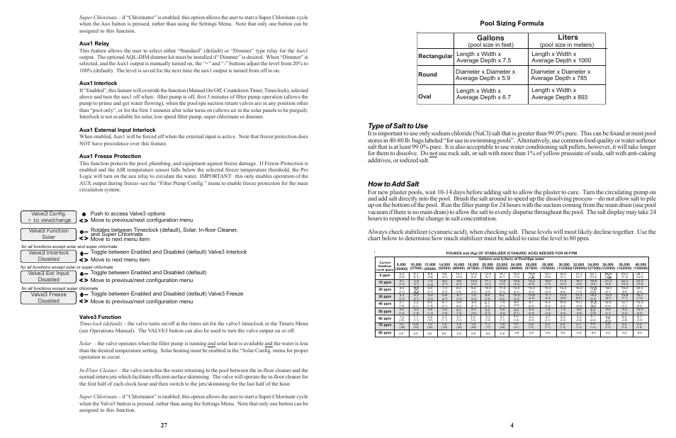 Type of salt to use, How to add salt, Gallons liters | 27 pool sizing formula, Valve3 disabled freeze, Valve3 disabled interlock, Valve3 ext input disabled | Goldline LOGIC PL-P-4 User Manual | Page 30 / 36
