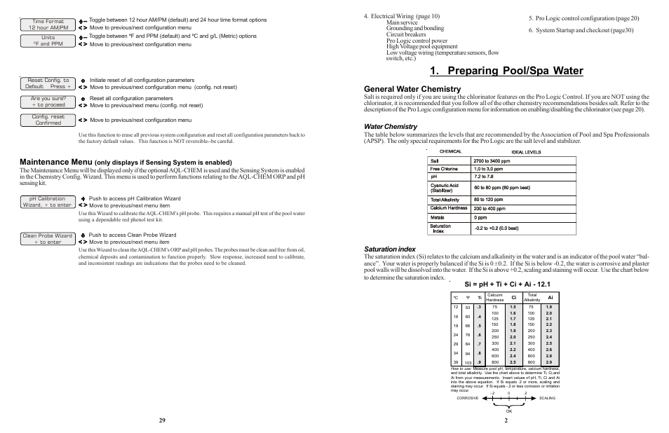 Preparing pool/spa water, Maintenance menu, General water chemistry | Water chemistry, Saturation index, Si = ph + ti + ci + ai - 12.1 | Goldline LOGIC PL-P-4 User Manual | Page 32 / 36