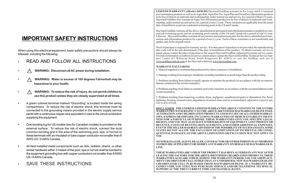 Important safety instructions, Read and follow all instructions, Save these instructions | Goldline LOGIC PL-P-4 User Manual | Page 35 / 36