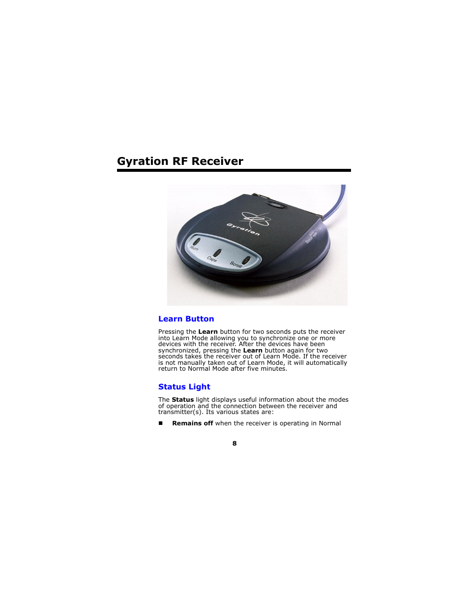 Gyration rf receiver, Learn button, Status light | Gyration Full-Size Keyboard User Manual | Page 11 / 19