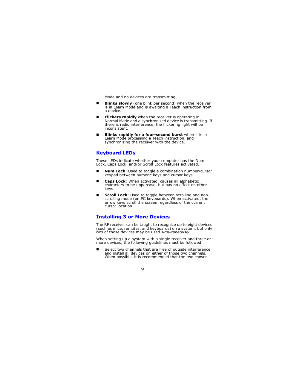 Keyboard leds, Installing 3 or more devices | Gyration Full-Size Keyboard User Manual | Page 12 / 19