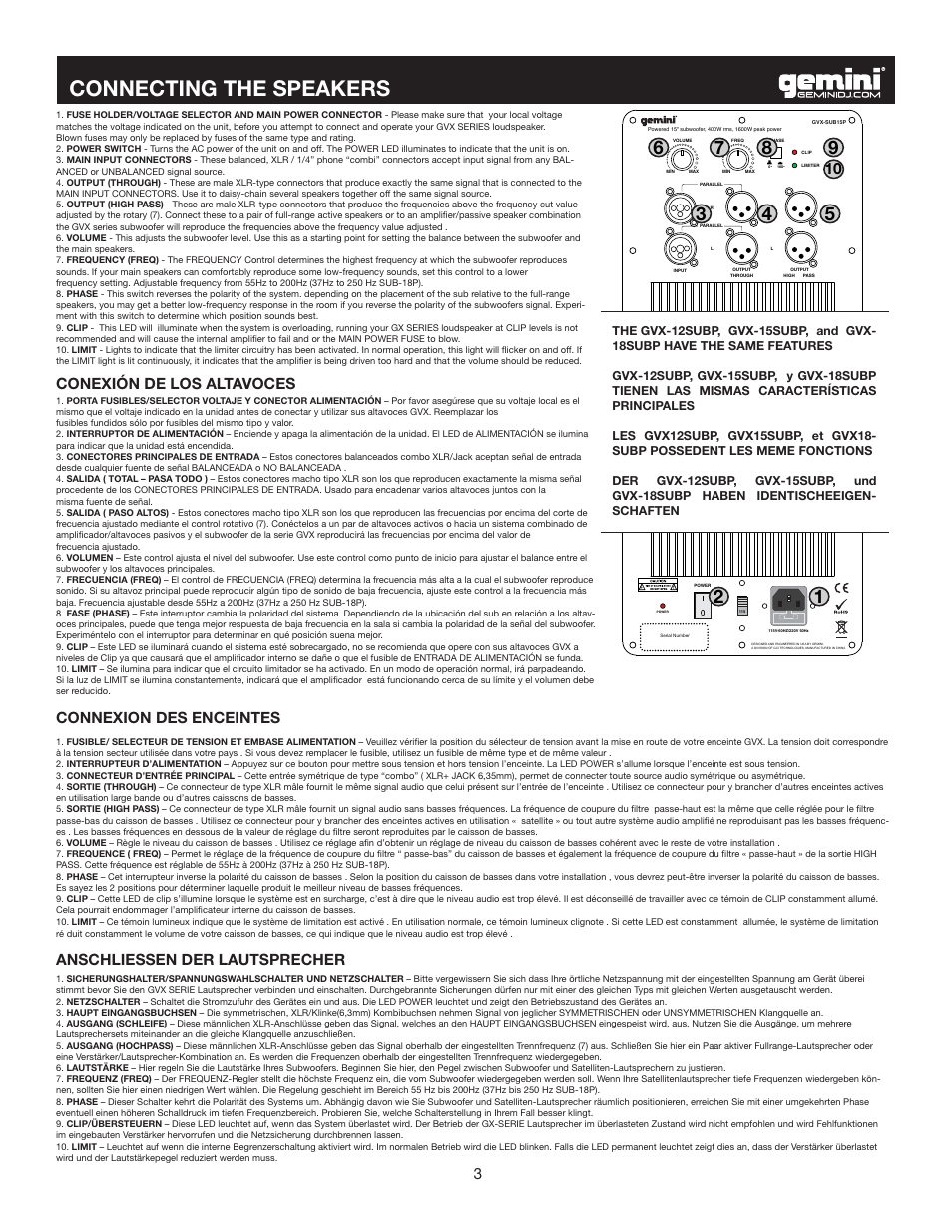 Connecting the speakers, Conexión de los altavoces, Connexion des enceintes | Anschliessen der lautsprecher | Gemini Industries GVXSERIES GVX-SUB18P User Manual | Page 3 / 9
