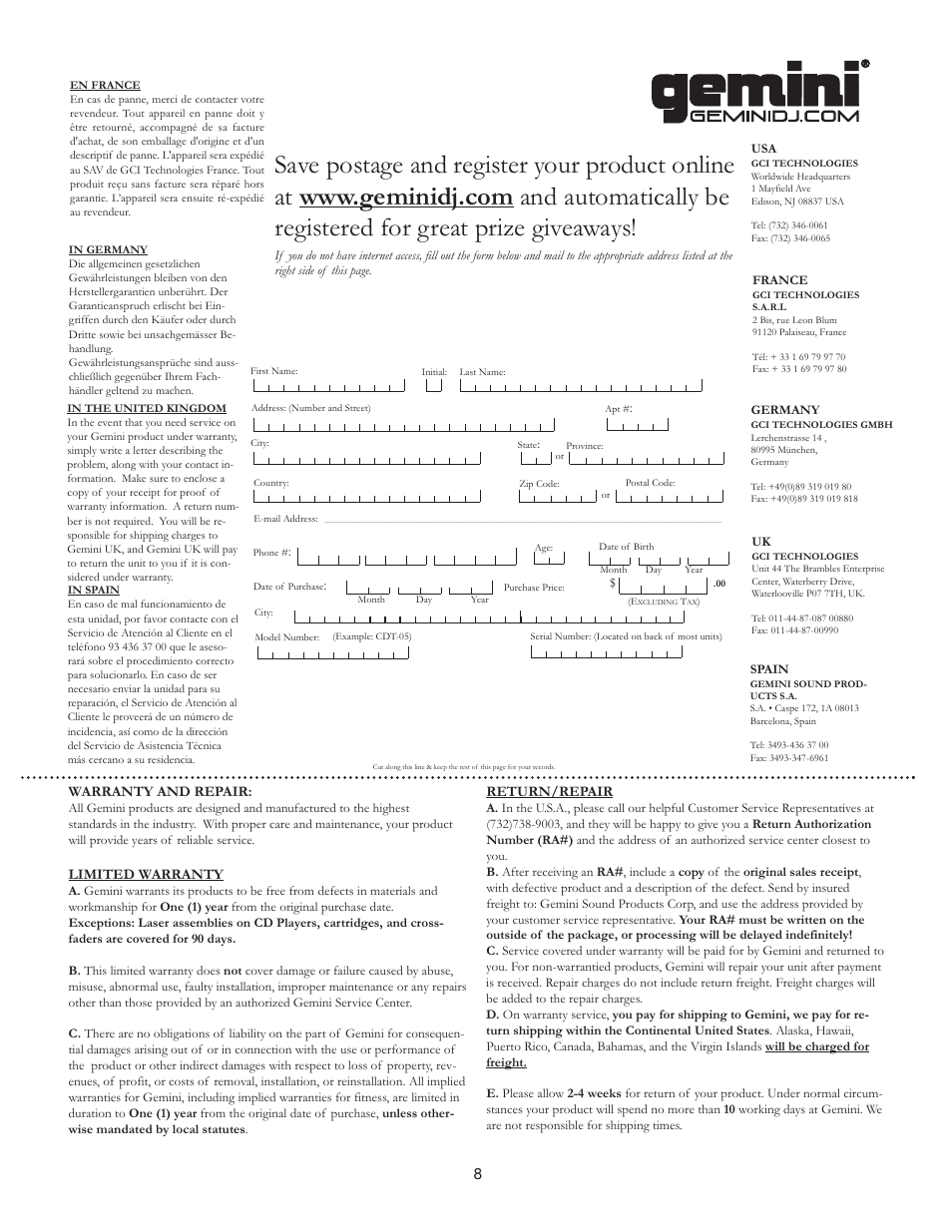 Gemini Industries GVXSERIES GVX-SUB18P User Manual | Page 8 / 9