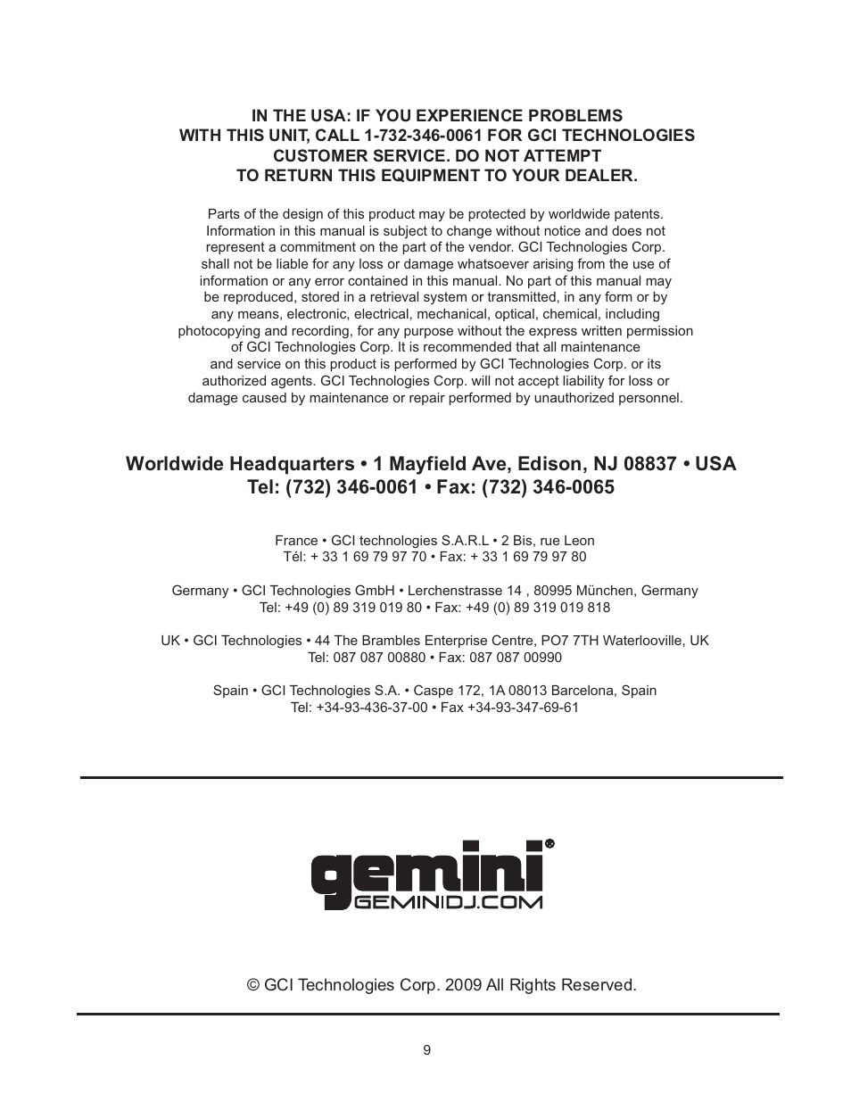 Gemini Industries GVXSERIES GVX-SUB18P User Manual | Page 9 / 9
