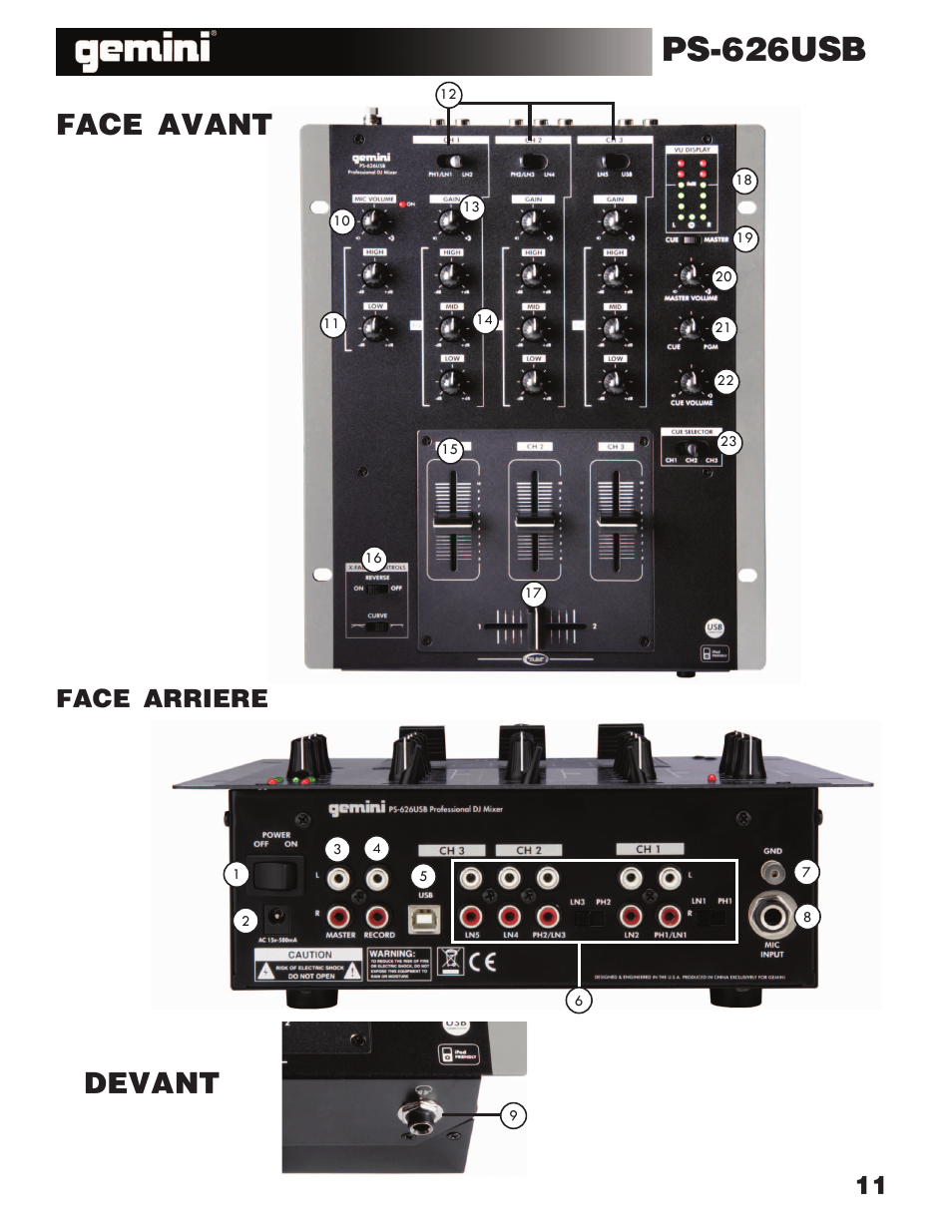 Ps-626usb, Face avant devant, Face arriere | Gemini Industries PS-626USB User Manual | Page 11 / 19
