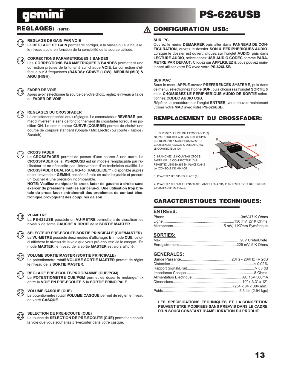 Ps-626usb, Reglages, Configuration usb | Remplacement du crossfader, Caracteristiques techniques | Gemini Industries PS-626USB User Manual | Page 13 / 19
