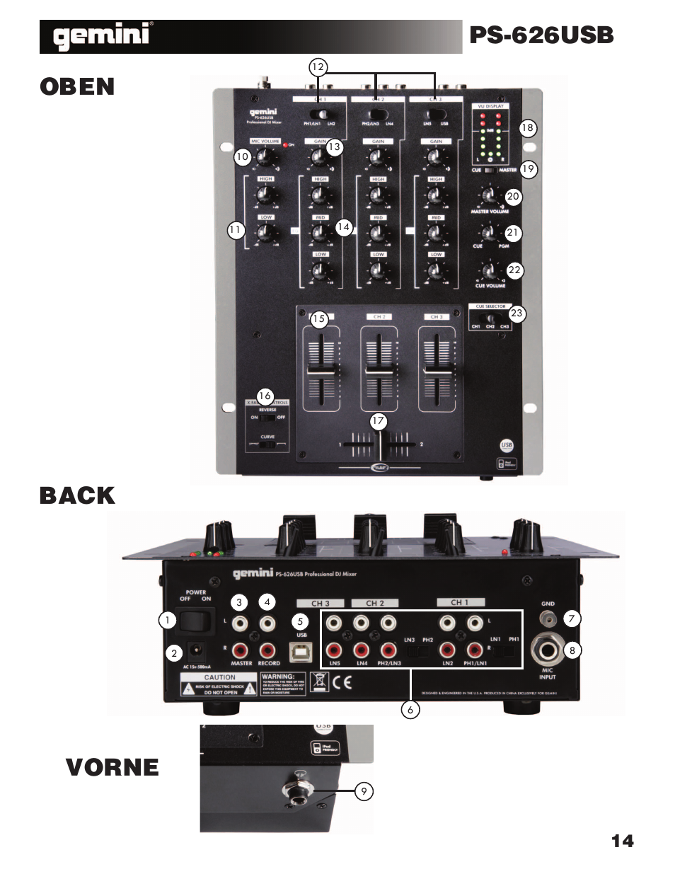 Ps-626usb, Back oben vorne | Gemini Industries PS-626USB User Manual | Page 15 / 19
