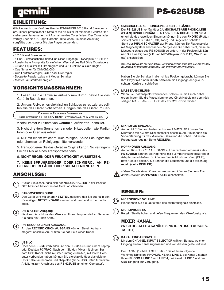 Ps-626usb, Regler, Mixer kanal | Gemini Industries PS-626USB User Manual | Page 16 / 19
