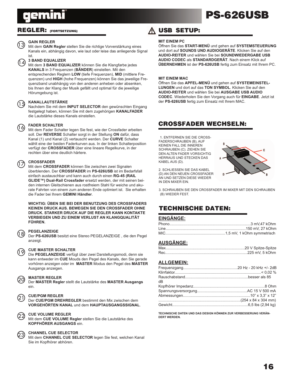 Ps-626usb, Regler, Crossfader wechseln: technische daten | Usb setup | Gemini Industries PS-626USB User Manual | Page 17 / 19