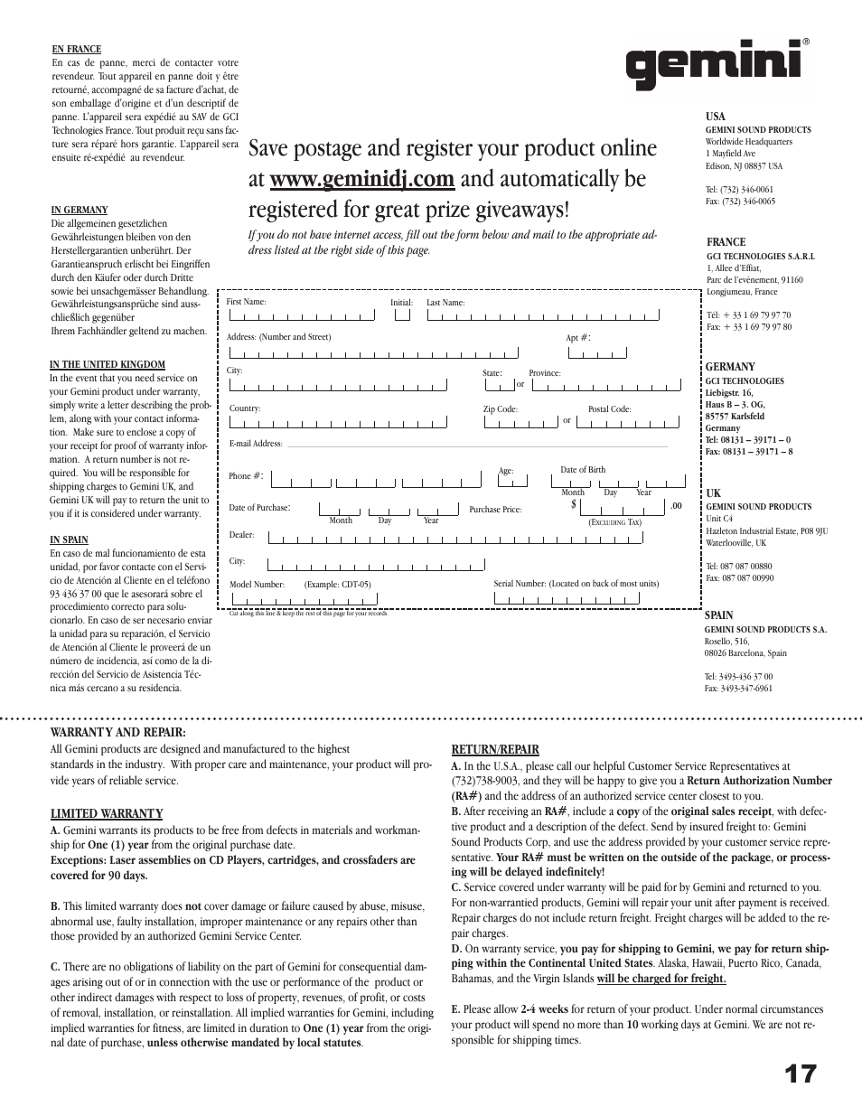Warrant y and repair, Limited warrant y, Return/repair | Gemini Industries PS-626USB User Manual | Page 18 / 19