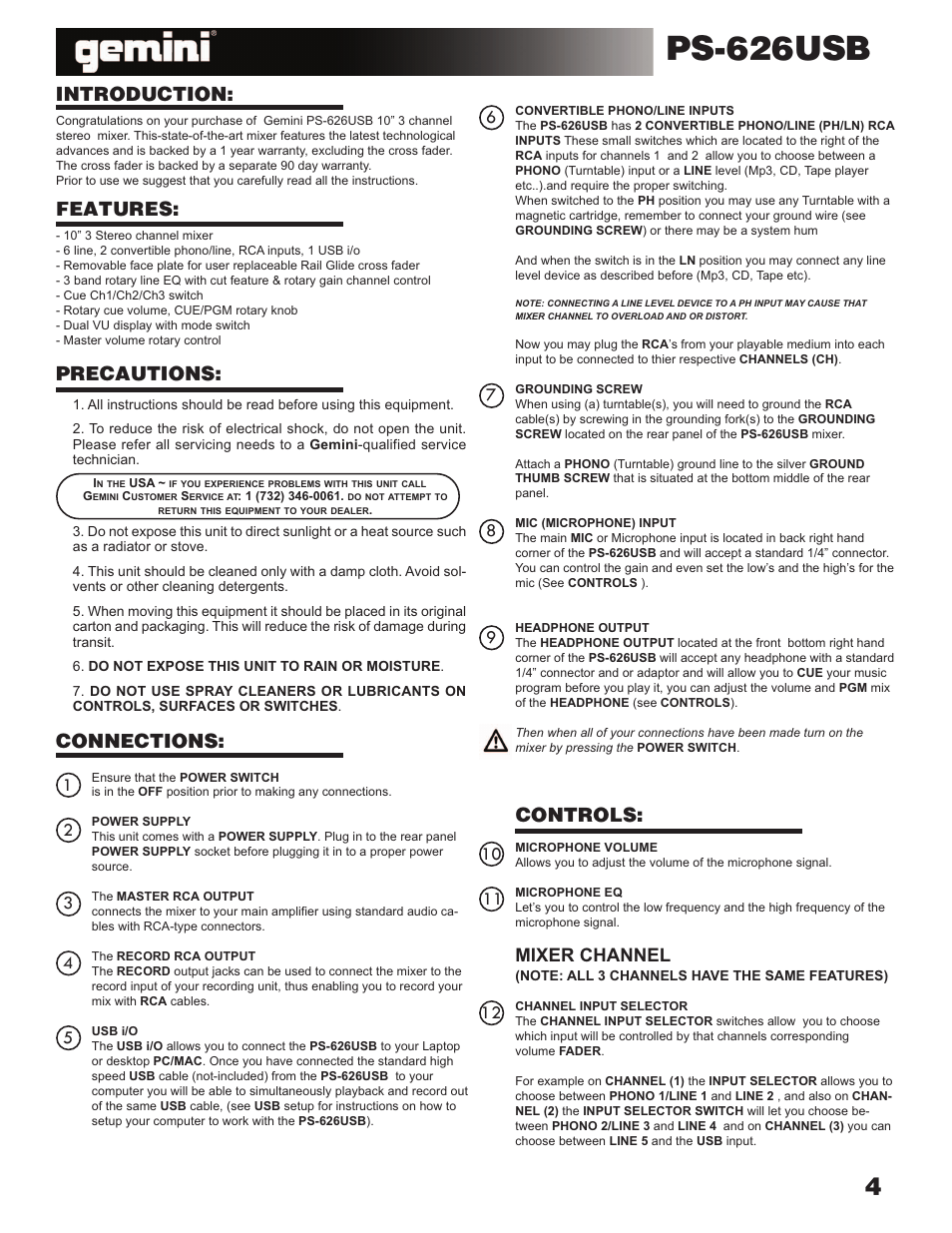 Ps-626usb, Introduction, Features: precautions: connections | Controls, Mixer channel | Gemini Industries PS-626USB User Manual | Page 4 / 19