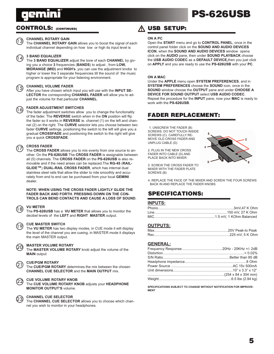 Ps-626usb, Controls, Fader replacement: specifications | Usb setup | Gemini Industries PS-626USB User Manual | Page 5 / 19