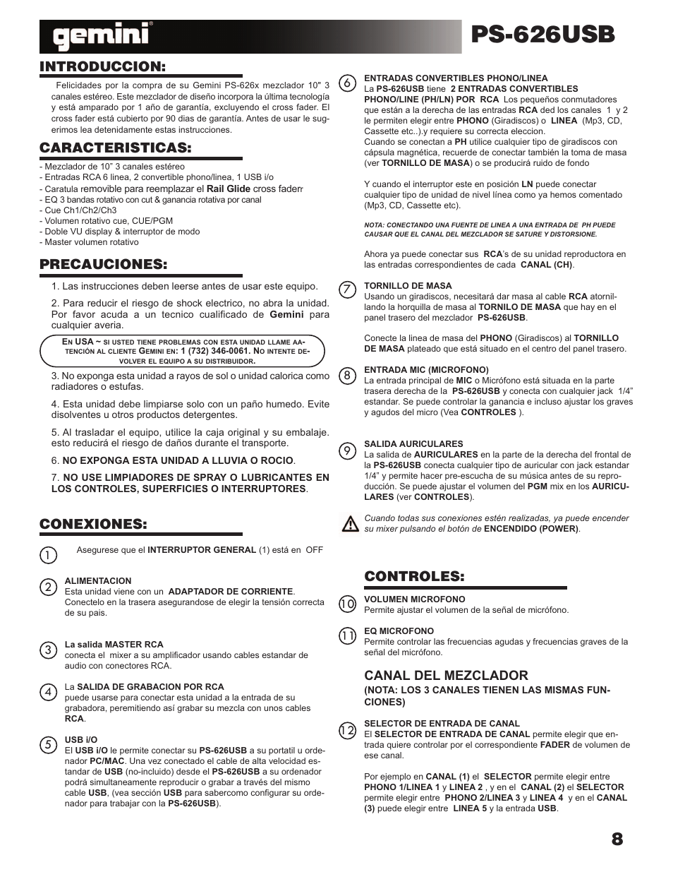 Ps-626usb, Introduccion, Caracteristicas: precauciones: conexiones | Controles, Canal del mezclador | Gemini Industries PS-626USB User Manual | Page 8 / 19