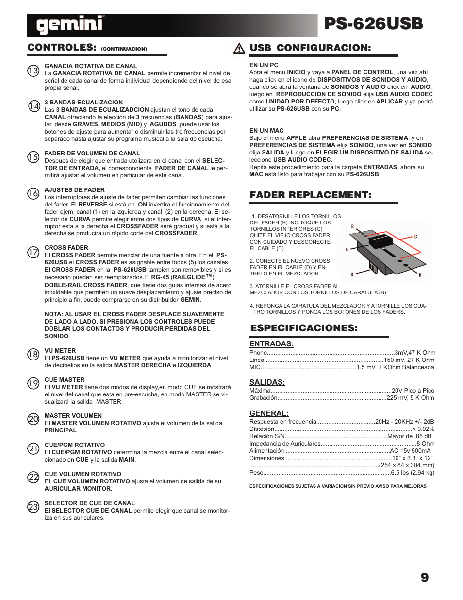 Ps-626usb, Controles, Fader replacement: especificaciones | Usb configuracion | Gemini Industries PS-626USB User Manual | Page 9 / 19