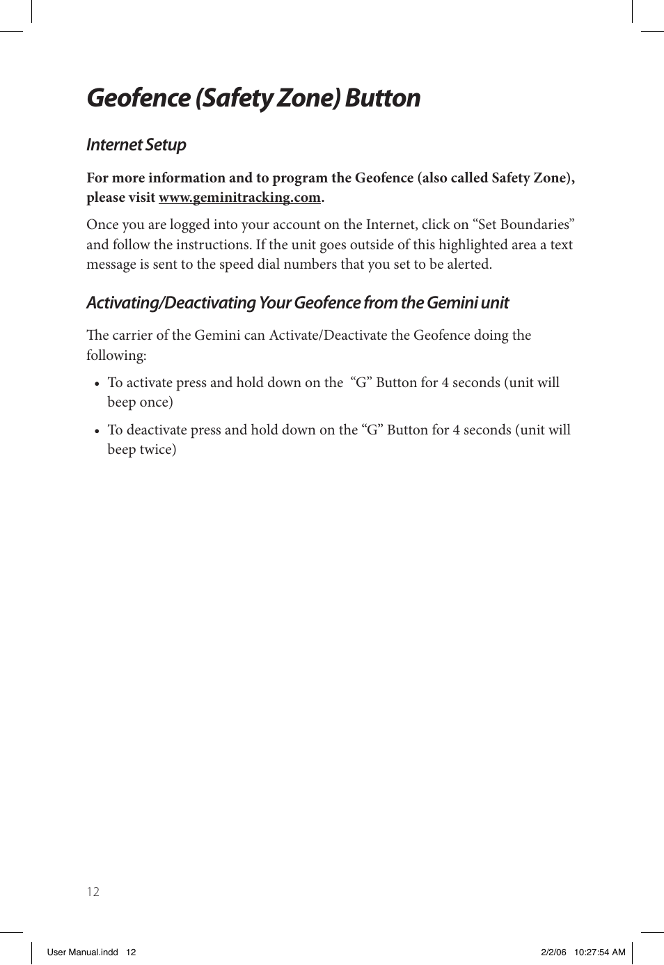 Geofence (safety zone) button, Internet setup | Gemini Industries Gemtek PT300 User Manual | Page 16 / 24