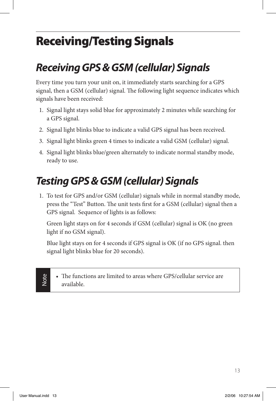 Receiving/testing signals, Receiving gps & gsm (cellular) signals, Testing gps & gsm (cellular) signals | Gemini Industries Gemtek PT300 User Manual | Page 17 / 24