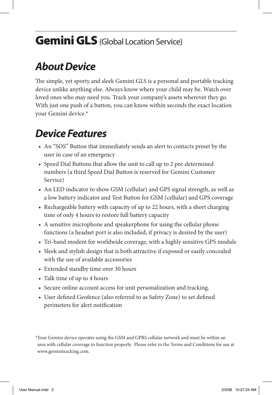 Gemini gls, About device, Device features | Global location service) | Gemini Industries Gemtek PT300 User Manual | Page 2 / 24