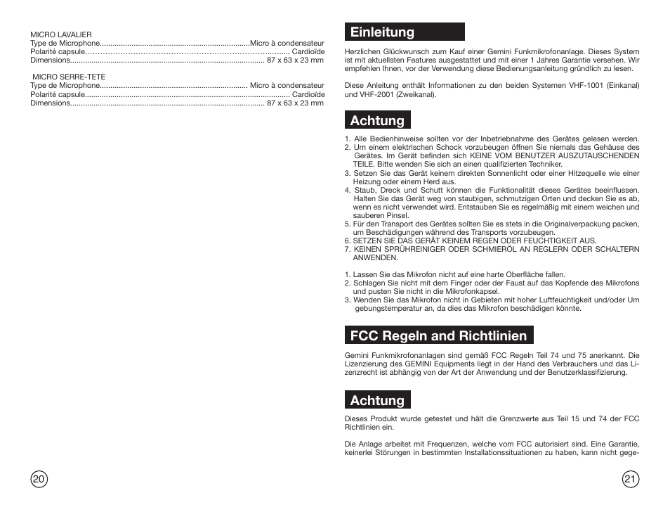 Achtung, Einleitung, Fcc regeln and richtlinien | Gemini Industries GEMINI VHF-2001HL User Manual | Page 11 / 15