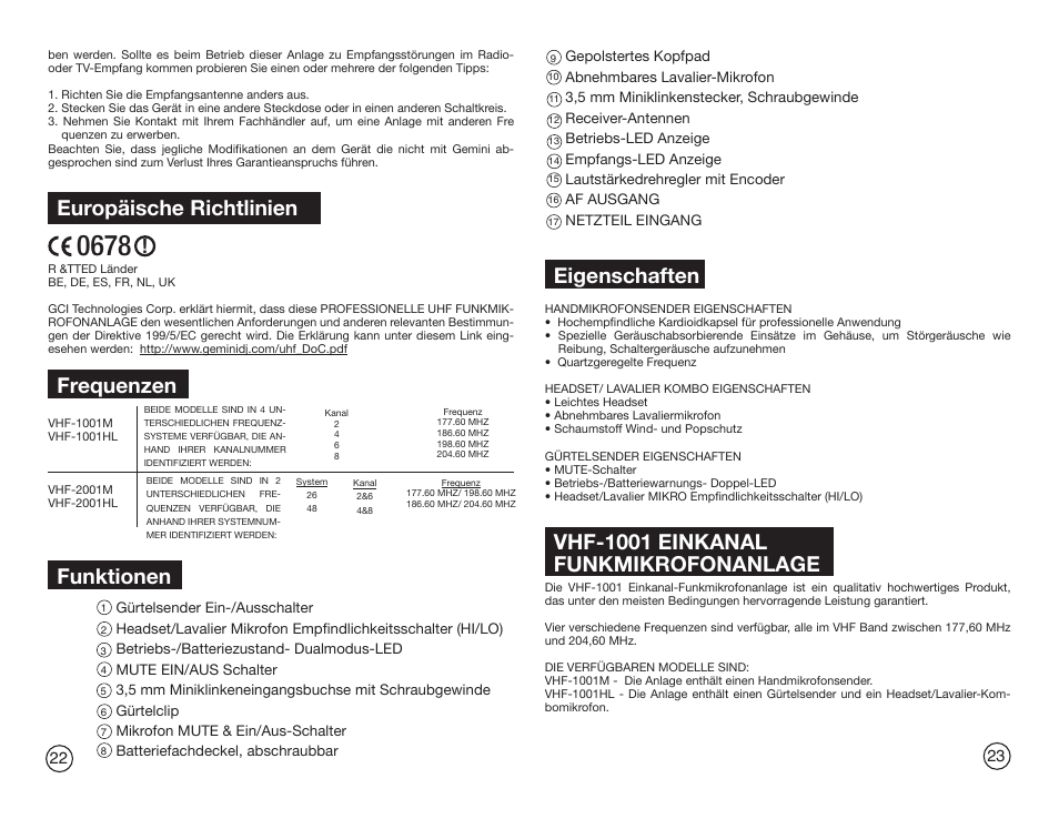 Vhf-1001 einkanal funkmikrofonanlage, Frequenzen, Funktionen | Eigenschaften, Europäische richtlinien | Gemini Industries GEMINI VHF-2001HL User Manual | Page 12 / 15