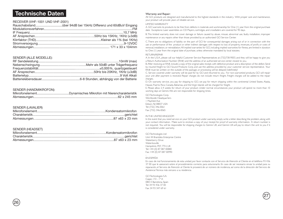 Technische daten | Gemini Industries GEMINI VHF-2001HL User Manual | Page 14 / 15