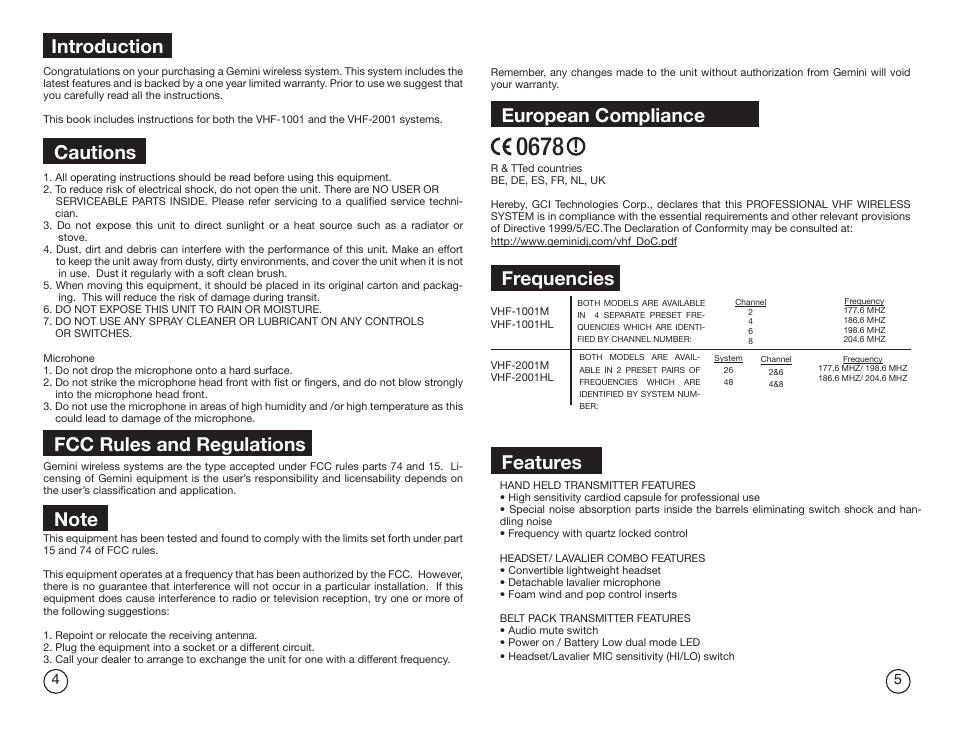 Introduction, Cautions, Fcc rules and regulations | Frequencies, European compliance, Features | Gemini Industries GEMINI VHF-2001HL User Manual | Page 3 / 15