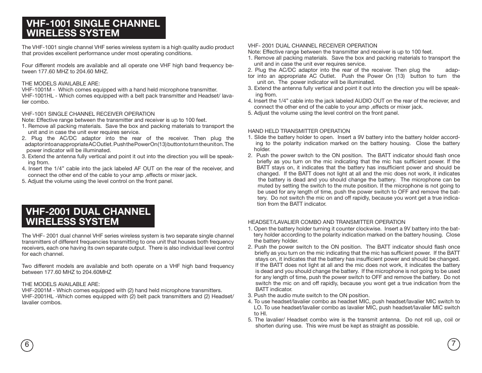 Vhf-1001 single channel wireless system, Vhf-2001 dual channel wireless system | Gemini Industries GEMINI VHF-2001HL User Manual | Page 4 / 15