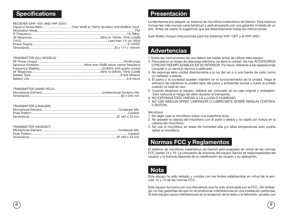 Specifications, Presentación, Advertencias | Normas fcc y reglamentos, Nota | Gemini Industries GEMINI VHF-2001HL User Manual | Page 5 / 15