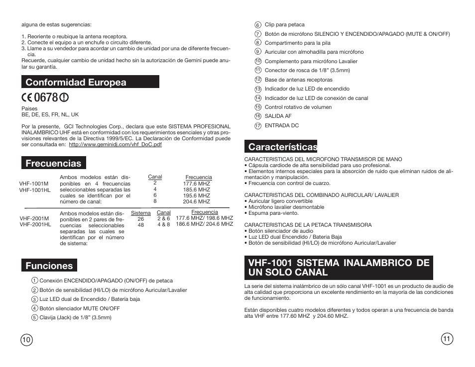 Frecuencias, Funciones, Vhf-1001 sistema inalambrico de un solo canal | Características, Conformidad europea | Gemini Industries GEMINI VHF-2001HL User Manual | Page 6 / 15