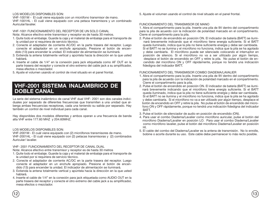 Vhf-2001 sistema inalambrico de doble canal | Gemini Industries GEMINI VHF-2001HL User Manual | Page 7 / 15
