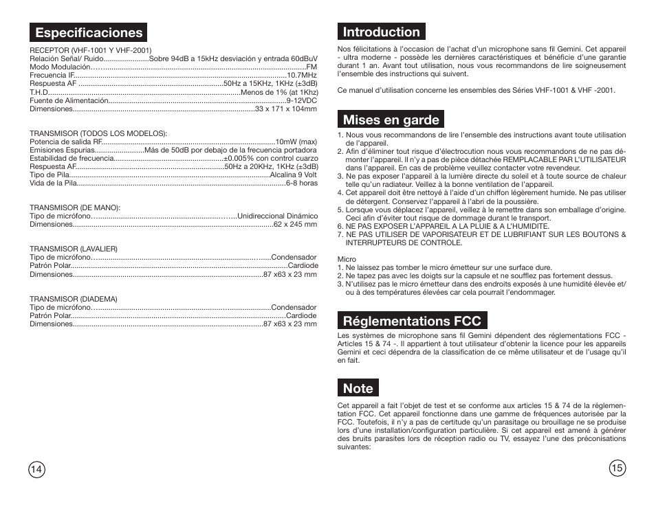 Introduction, Mises en garde, Réglementations fcc | Especificaciones | Gemini Industries GEMINI VHF-2001HL User Manual | Page 8 / 15