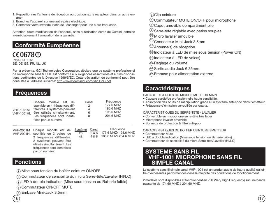 Fréquences, Caractérisitques, Conformité européenne | Fonctions | Gemini Industries GEMINI VHF-2001HL User Manual | Page 9 / 15