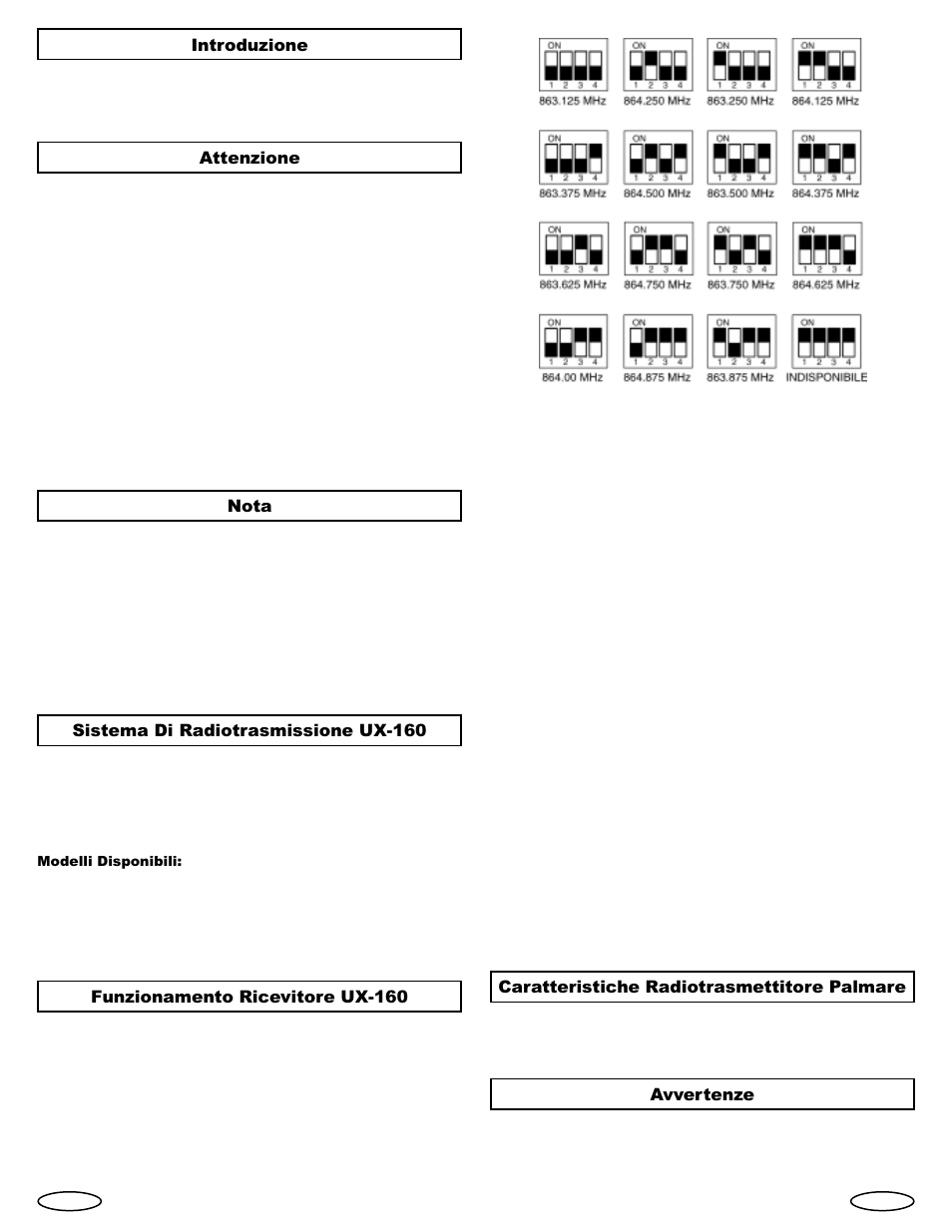 Introduzione, Attenzione, Nota | Sistema di radiotrasmissione ux-160, Funzionamento ricevitore ux-160, Caratteristiche radiotrasmettitore palmare, Avvertenze | Gemini Industries UHF Sixteen UX-160 User Manual | Page 10 / 12