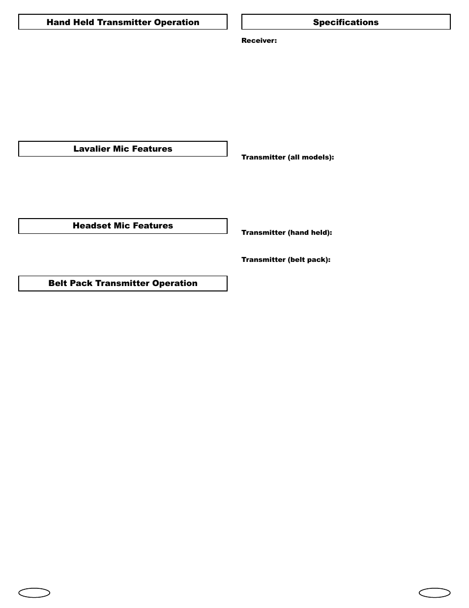 Hand held transmitter operation, Lavalier mic features, Headset mic features | Belt pack transmitter operation, Specifications | Gemini Industries UHF Sixteen UX-160 User Manual | Page 3 / 12