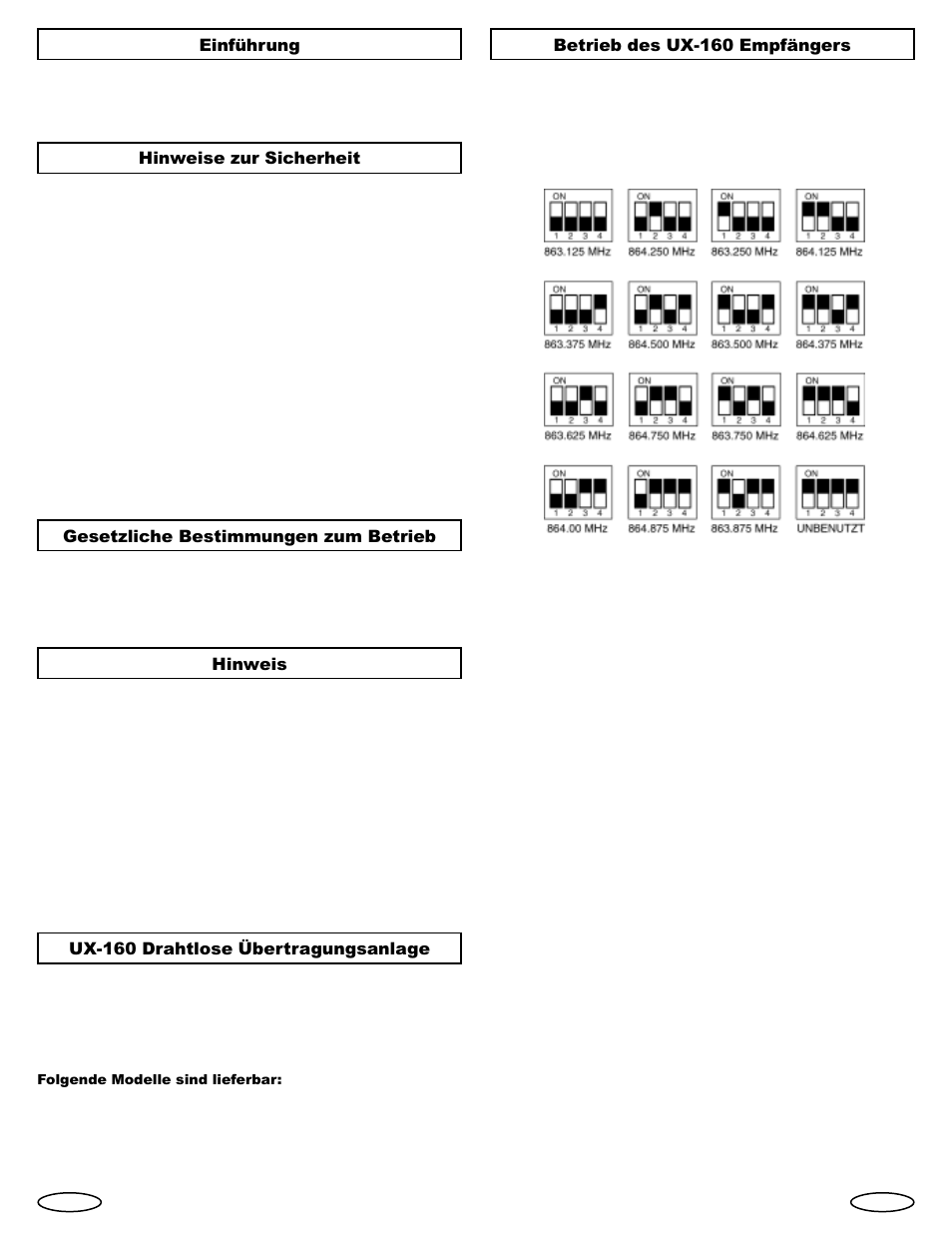 Einführung, Hinweise zur sicherheit, Gesetzliche bestimmungen zum betrieb | Hinweis, Ux-160 drahtlose übertragungsanlage, Betrieb des ux-160 empfängers | Gemini Industries UHF Sixteen UX-160 User Manual | Page 4 / 12