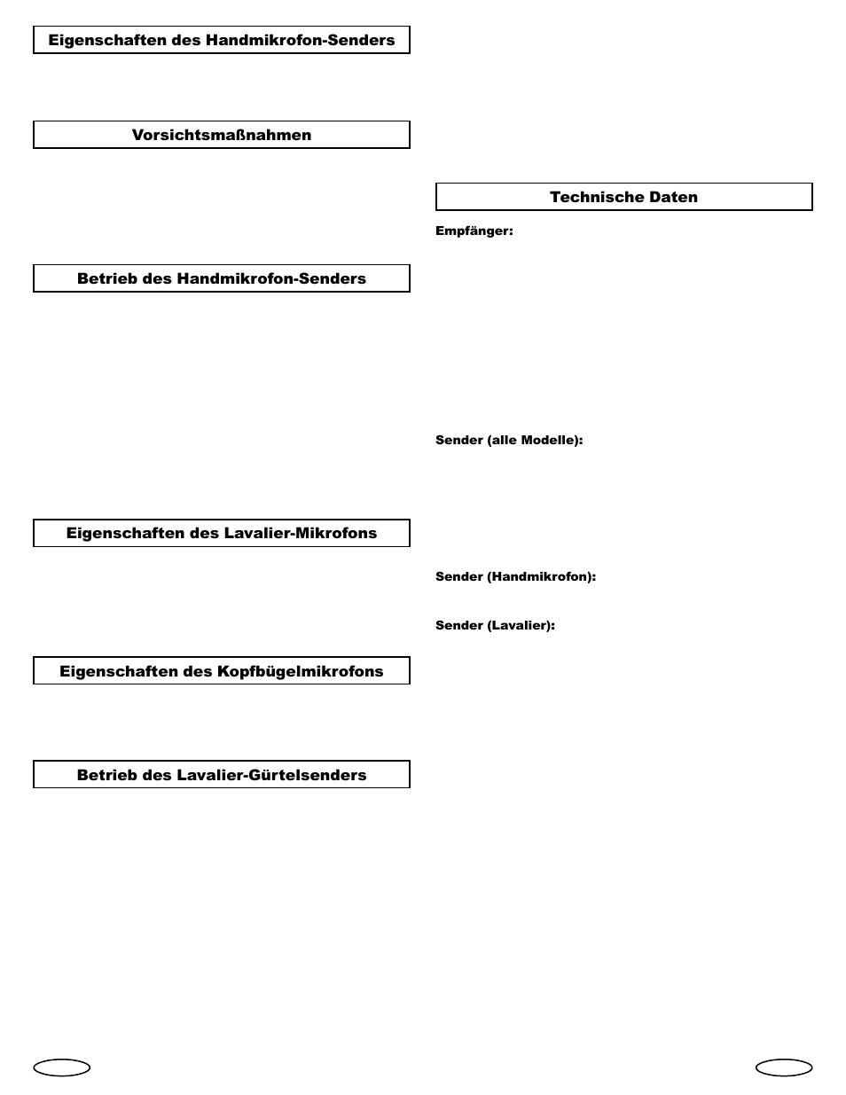 Eigenschaften des handmikrofon-senders, Vorsichtsmaßnahmen, Betrieb des handmikrofon-senders | Eigenschaften des lavalier-mikrofons, Eigenschaften des kopfbügelmikrofons, Betrieb des lavalier-gürtelsenders, Technische daten | Gemini Industries UHF Sixteen UX-160 User Manual | Page 5 / 12