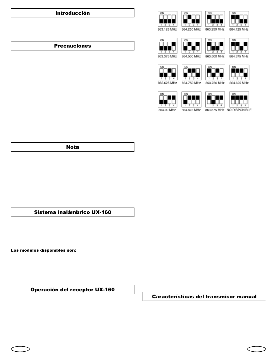 Introducción, Precauciones, Nota | Sistema inalámbrico ux-160, Operación del receptor ux-160, Características del transmisor manual | Gemini Industries UHF Sixteen UX-160 User Manual | Page 6 / 12