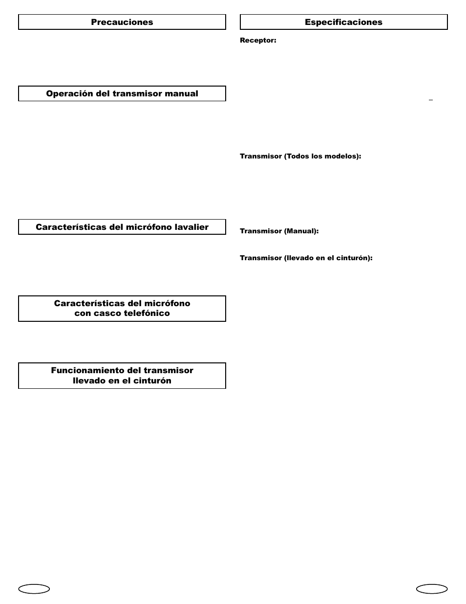 Precauciones, Operación del transmisor manual, Características del micrófono lavalier | Características del micrófono con casco telefónico, Especificaciones | Gemini Industries UHF Sixteen UX-160 User Manual | Page 7 / 12