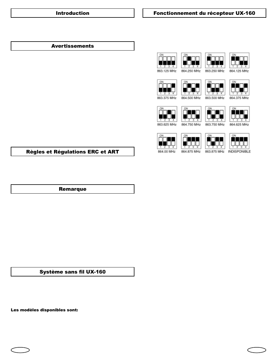 Introduction, Avertissements, Règles et régulations erc et art | Remarque, Système sans fil ux-160, Fonctionnement du récepteur ux-160 | Gemini Industries UHF Sixteen UX-160 User Manual | Page 8 / 12