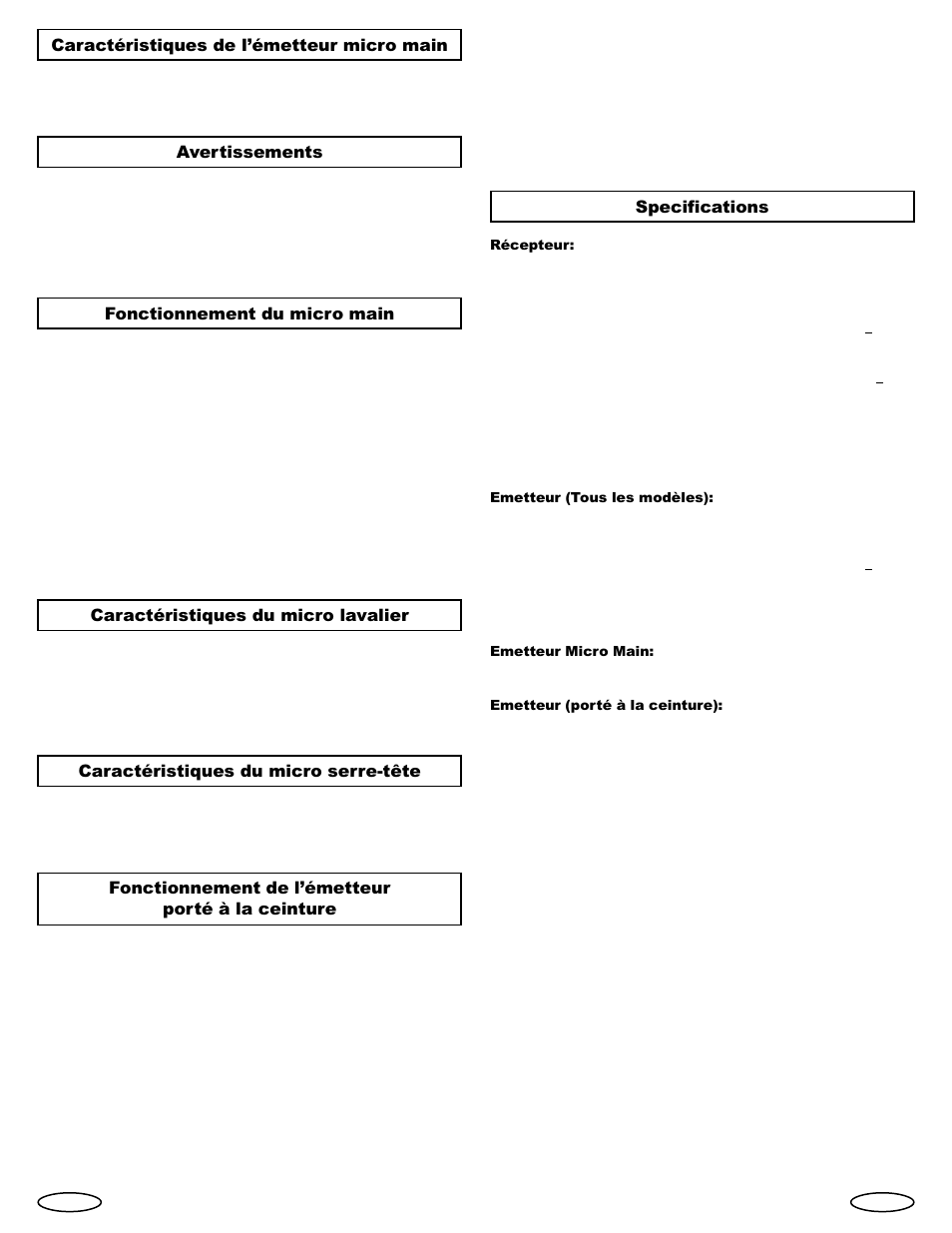 Caractéristiques de lémetteur micro main, Avertissements, Fonctionnement du micro main | Caractéristiques du micro lavalier, Caractéristiques du micro serre-tête, Fonctionnement de lémetteur porté à la ceinture, Specifications | Gemini Industries UHF Sixteen UX-160 User Manual | Page 9 / 12