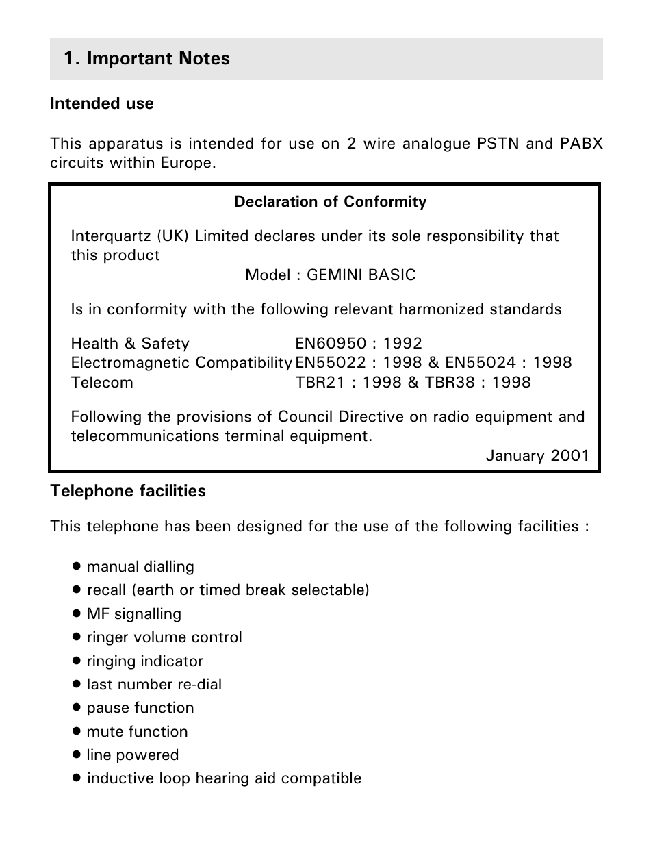 Important notes, Intended use, Telephone facilities | Intended use telephone facilities ren number | Gemini Industries Gemini Basic User Manual | Page 3 / 12