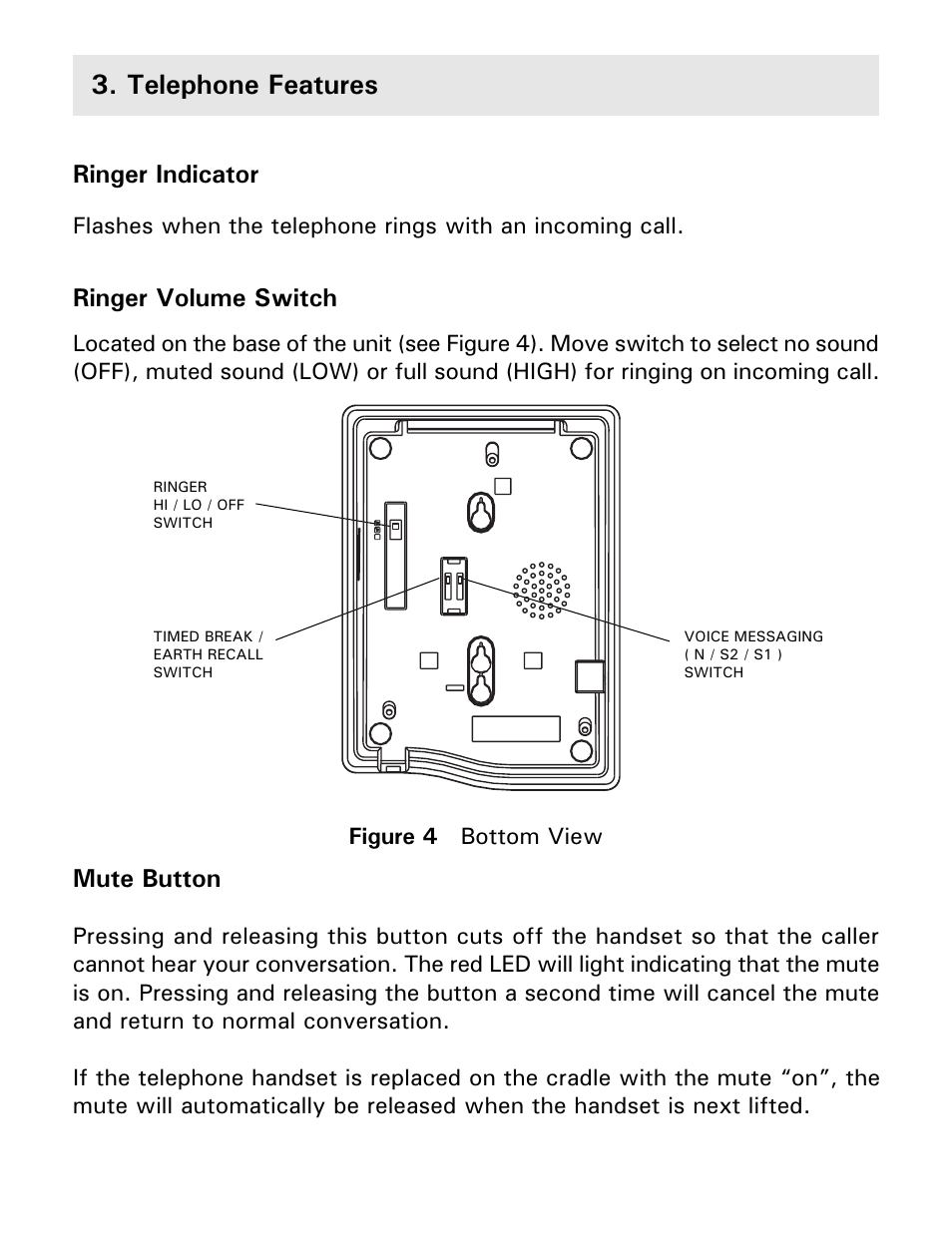 Telephone features, Ringer indicator, Ringer volume switch | Mute button | Gemini Industries Gemini Basic User Manual | Page 7 / 12