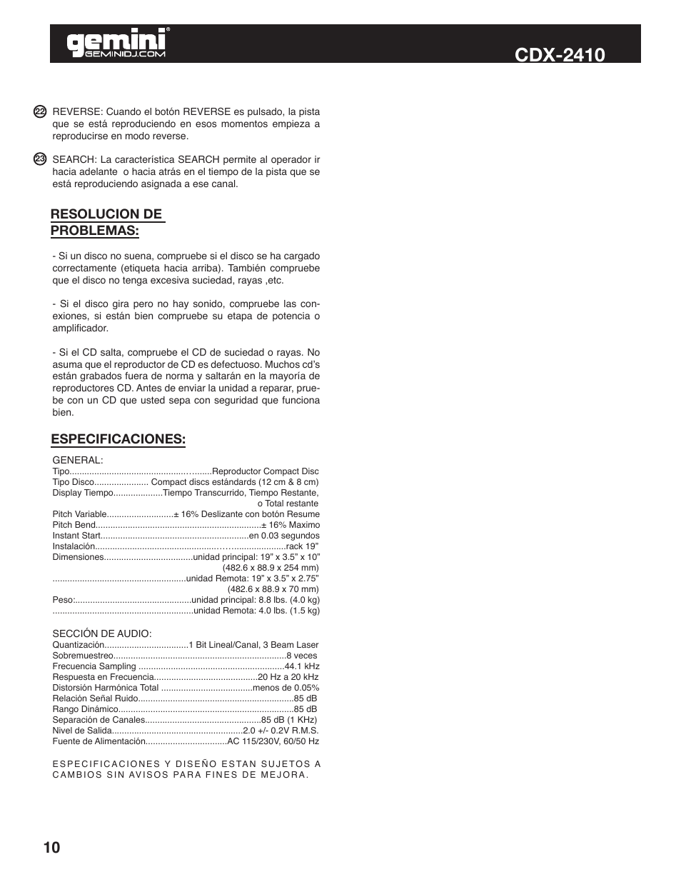 Cdx-2410, Resolucion de problemas: especificaciones | Gemini Industries CDX-2410 User Manual | Page 10 / 20
